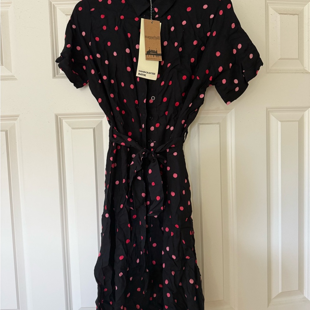 Black Midi Shirt Dress with Pink Polka Dots